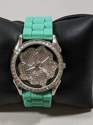 Silver Tone Flower Clear Dial Crystal Bezel  Green Rubber Band Watch 9.5 Inch Foto 1 de 4