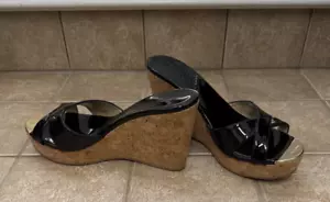 Authentic Jimmy Choo Pandora Black Patent Leather Cork Wedge Sandals Size 38 7.5 - Picture 1 of 6