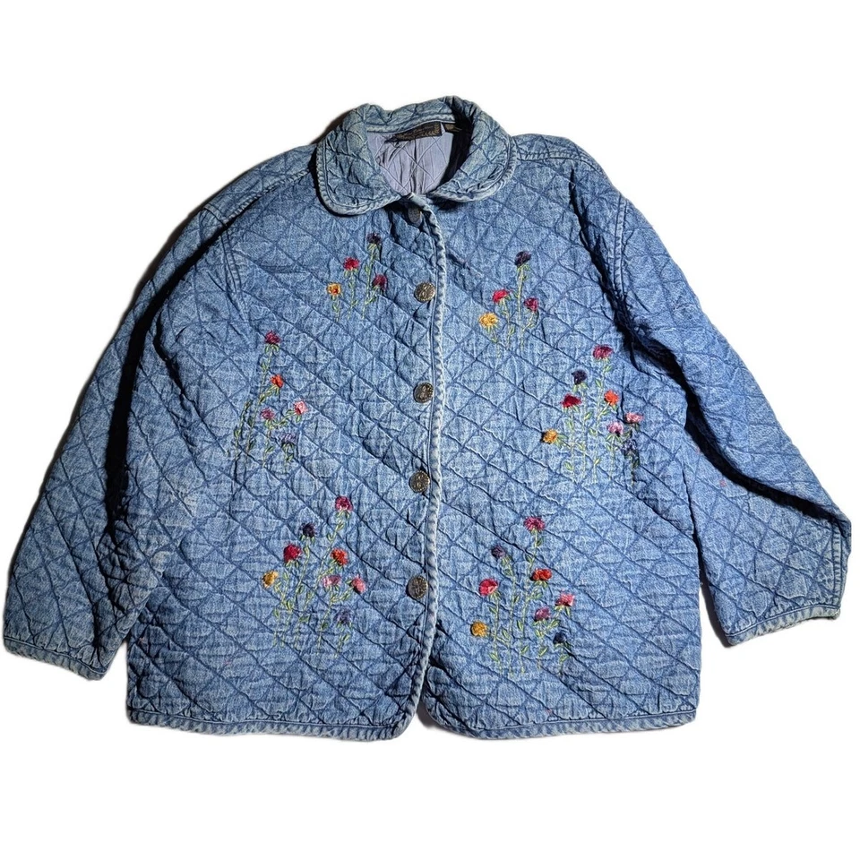 Vtg 1990s New Direction Quilted Denim Floral Embroidered Button Up Jacket 3X - Image 1 of 4