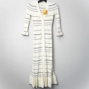Sandro Striped Knit Button-Up V-Neck Maxi Dress In Ecru - Women's Size FR 36 - Picture 1 of 7