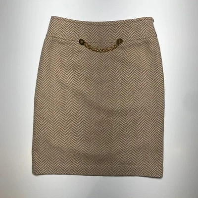 Skirtin Around Pencil Skirt Womens 2 Wool Tan Gold Herringbone w/ Chain Detail - Image 1 of 4