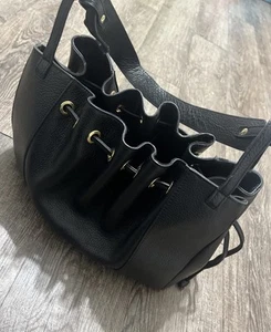 Black Valentina Fiore Italian Leather Drawstring Bucket Bag Purse - Picture 1 of 9