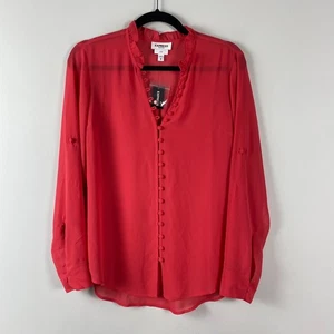 Express The Portofino Shirt Slim Fit Womens Medium Red Ruffle Sheer - Picture 1 of 10