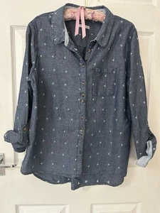 White Stuff Shirt 14 Denim Blue Embroidered Soft Cotton Tab Sleeves - Picture 1 of 8