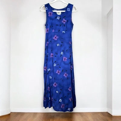 Vintage 90s Floral Corset Tie Back Long Maxi Dress Blue Purple Sleeveless 9/10 - Image 1 of 4