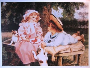 art print~PLAYMATES~Victorian children boy girl dogs tree bench vtg repr 21x15.5 - Picture 1 of 1