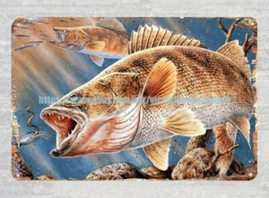 Insegna latta metallo pesca walleye arte collezionismo decorativa - Foto 1 di 4