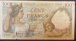 FRANCE, 1939, 100 FRANCS, Billete/Paper Money, #94, Circulated, used - Picture 1 of 2
