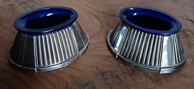 Paire d'anciens salerons rare modèle art déco argent massif et verre bleu  C84 - Photo 1/4