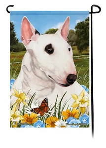 Summer Flowers Garden Flag - Mini White Bull Terrier - Picture 1 of 1