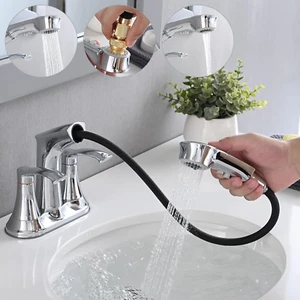 Bathroom Faucet with Pull Out Sprayer, 4 Inch Centerset 3 Hole Faucet Utility Si - Picture 1 of 12