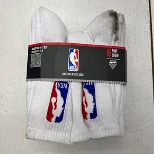 NBA White 6 Pair Crew Cut Basketball Socks Kids Boys Size 9-11 - Picture 1 of 5