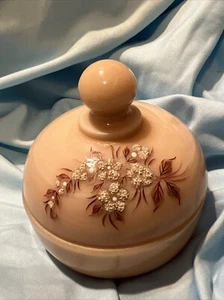 Westmoreland Glas pfirsichfarben rund Puderdose Bastelbox - 4" hoch Blumen - Bild 1 von 13
