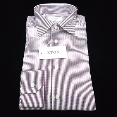ETON DRESS BUTTON SHIRT -15 35- WINE RED PURPLE WHITE -SLIM -ROYAL TWILL STRIPE - Image 1 of 4