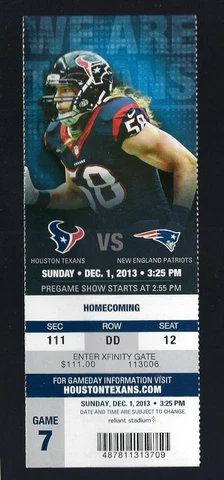 TOM BRADY - 2013 NFL NEW ENGLAND PATRIOTS @ HOUSTON TEXANS FULL FOOTBALL TICKET Cover
