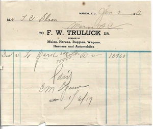 F W TRULUCK dr INVOICE DATED JAN. 2, 1919. DEALER MULES, HORSES, WAGONS. - Picture 1 of 1