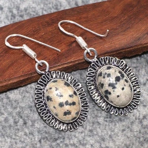 925 Silver Plated Dalmation Jasper Earrings Gemstone Handmade 1.6" AU c258 - Bild 1 von 3