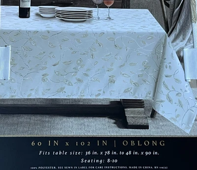 ENVOGUE White w/Gold & Silver Foliage Leaves Holiday Tablecloth 60x102 - Image 1 of 4