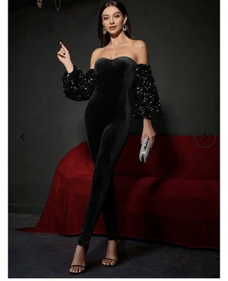 Off shoulder black sequin lantern sleeve velvet jumpsuit - Image 1 of 4