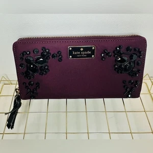Kate Spade Embellished Deep Plum Wilson Road Zip Around Wallet With Black Beads - Picture 1 of 8