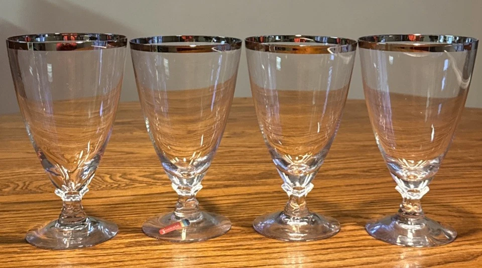 Fostoria 婚礼戒指 手工吹制 两个水晶 高脚杯 银色 铂金 边缘 复古 — 第 1/4 张图片