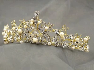 Austrian Crystal Rhinestone Pearl Tiara Crown Bridal Party Pageant 00273 Gold - Picture 1 of 7