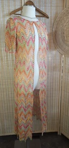 Duster Style Open-Knit Cardigan in Bright Orange Pink Green Zig-Zag Pattern - Picture 1 of 16