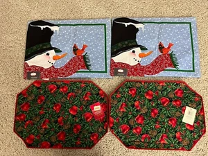 Lot of 4 New Christmas Placemats 2 Designs With Snowman and Apples - Picture 1 of 6