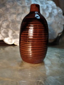 Japan Topiary Grenade Vase Ceramic Pottery Stub Sake Brown Black Tree Ring 5.5" - Picture 1 of 9
