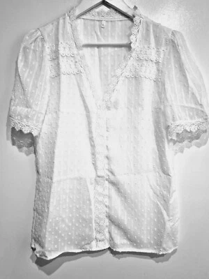 Blusa de mujer con cuello en V manga corta talla L blanca con ribete de encaje forrada camiseta superior transparente Foto 1 de 4