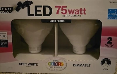 💡Feit Electric 2pk 15.5 WattLED 75 Watt Replacement,BR40 Flood Soft White 2700K - Image 1 of 2