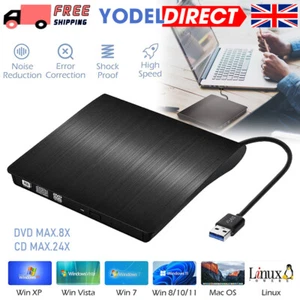 USB External CD DVD Portable Drive Writer Player For PC/Laptops Mac Windows UK - Picture 1 of 8