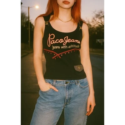 De Colección Paco Jeans Camiseta sin Mangas Mujer XL Con Attitude Negro Rojo Bordado Tachuelas Y2K Patinador Foto 1 de 4