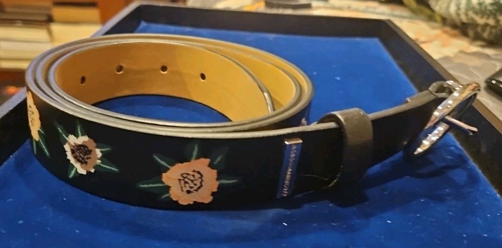 Rebecca Minkoff Leather Floral Belt REBECCA MINKOFF DESIGNER BLACK LEATHER BELT, PINK FLORAL  main image 2
