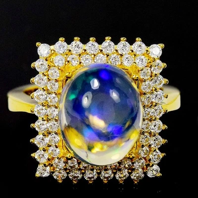 925 STERLING SILVER RING NATURAL RAINBOW OPAL OVAL CABOCHON & WHITE CZ SIZE 7.75 - Image 1 of 4