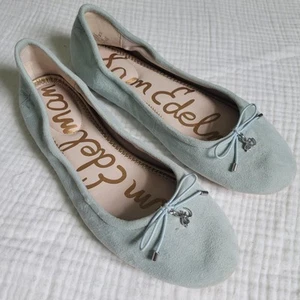 Sam Edelman Womens 8 Ballet Flats Felicia Leather Rounded Toe Bow Slip on Blue - Picture 1 of 8