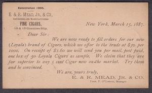 1887 Anzeigen Postkarte E & R Mead & Co NY feine Zigarren Marke Loyala - Bild 1 von 2
