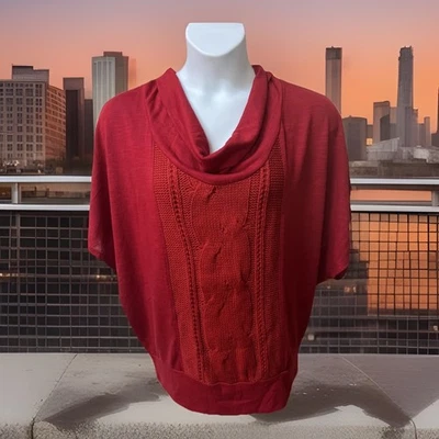 Festive Red Tunic Sweater Cowl Neckline Batwing Slv Cable Knit Insert Soft Sz 2X - Image 1 of 4