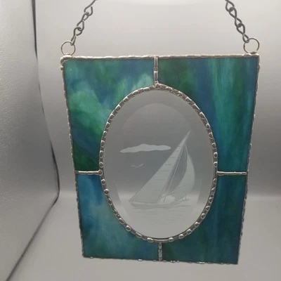 Atrapasol de vitral verdadero vintage con velero grabado vidrio biselado 6,5" x 8" Foto 1 de 4