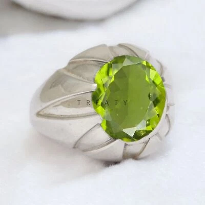 Piedras preciosas de corte ovalado de peridoto con anillo de plata de ley 925 para hombre #A54 Foto 1 de 4