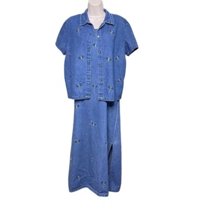 Vintage Jane Ashley Denim Dress Modest Womens Blue Jean Maxi Butterfly u Embroid - Image 1 of 4