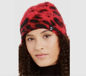 DKNY Fuzzy Animal Print Beanie Red and Black Ear Warmer Hat Cap Warm Winter - Picture 1 of 1