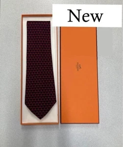 New and Unused HERMES Neck Tie Wide Black Red Geometric 100%Silk Made in France - Picture 1 of 11