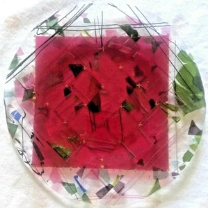 Signed K 2003 Peggy Karr? Fused Art Glass 10.25” Plate Dark Pink Gold Stars MINT - Picture 1 of 3