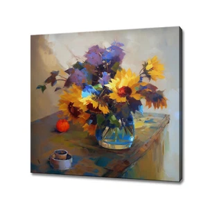 Bouquet Of Colourful Flowers Sunflowers Watercolour Painting Style Canvas Print - Picture 1 of 7