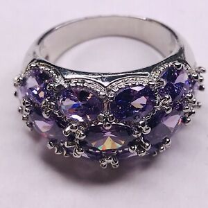 Dome Silver Tone Ring Size 8 1/2 Purple Stones Faceted  Statement Cocktail