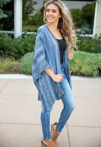 La Miel Women’s Size Small Blue Southwestern Open Front Kimono Poncho Boho Flowy - Picture 1 of 7