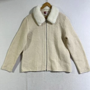 100% Wool Full Zip Sweater Jacket Removeable Faux Fur Collar Minimalist Sz L - Picture 1 of 8