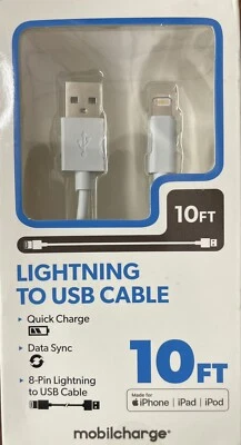 Mobilcharge 10 FT Lightening To USB Cable For iPhone, iPad, iPod - Image 1 of 2