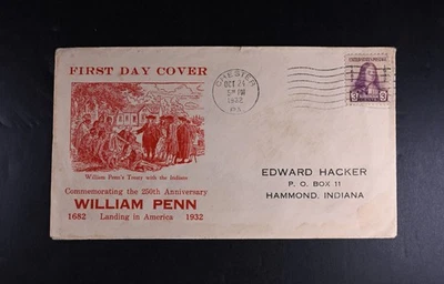 Oct 24 1932 FDC USA Scott # 724-14A Red Cachet VF Cover William Penn 3c Stamp - Image 1 of 2
